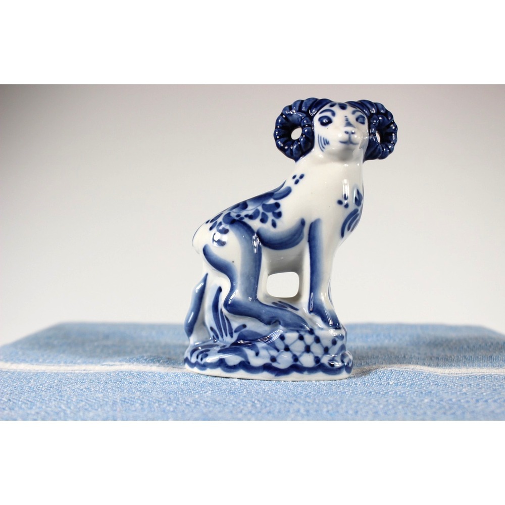 Gzhel Ram Hand Painted Porcelain Blue/White 4.5 in Tall VTG